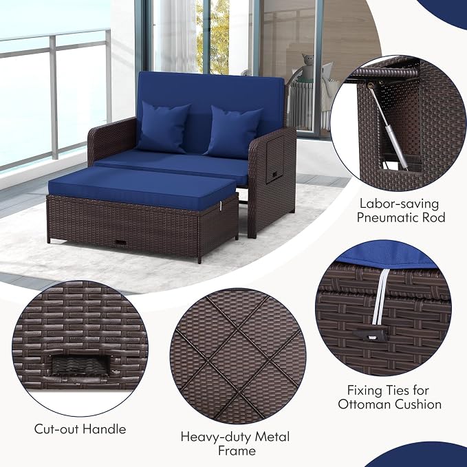 LDAILY Moccha Outdoor Daybed, Wicker Loveseat Sofa Set - Image 6