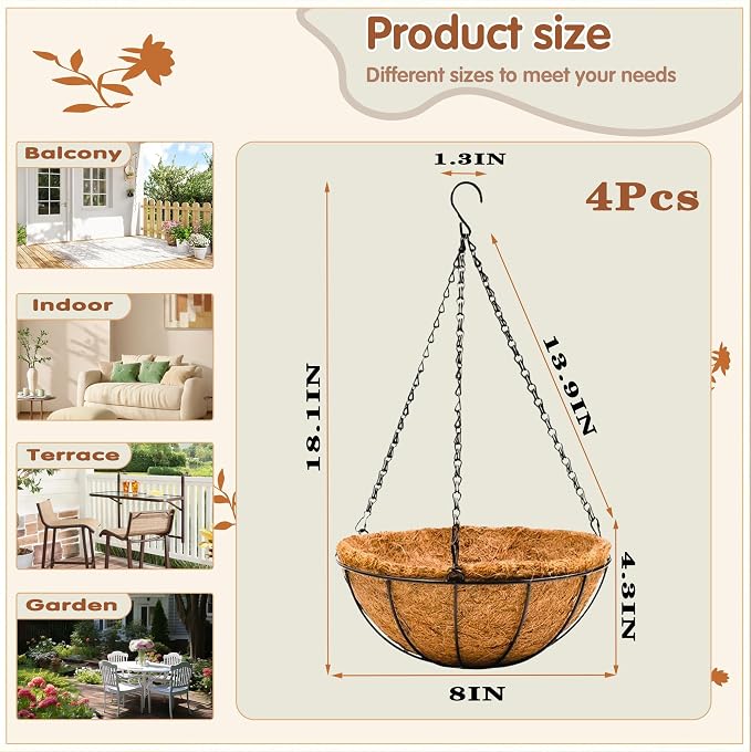 8 inch Metal Hanging Baskets For Plants Outdoor 4 Pack Round Metal Wire Hanging - Image 4