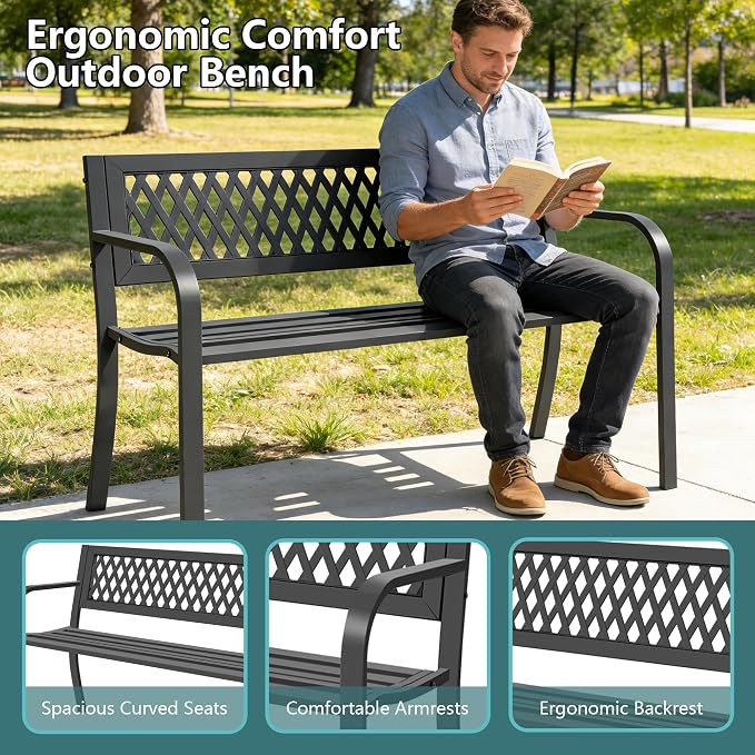 Outdoor Garden Bench, Weatherproof Metal Park Bench - Image 5