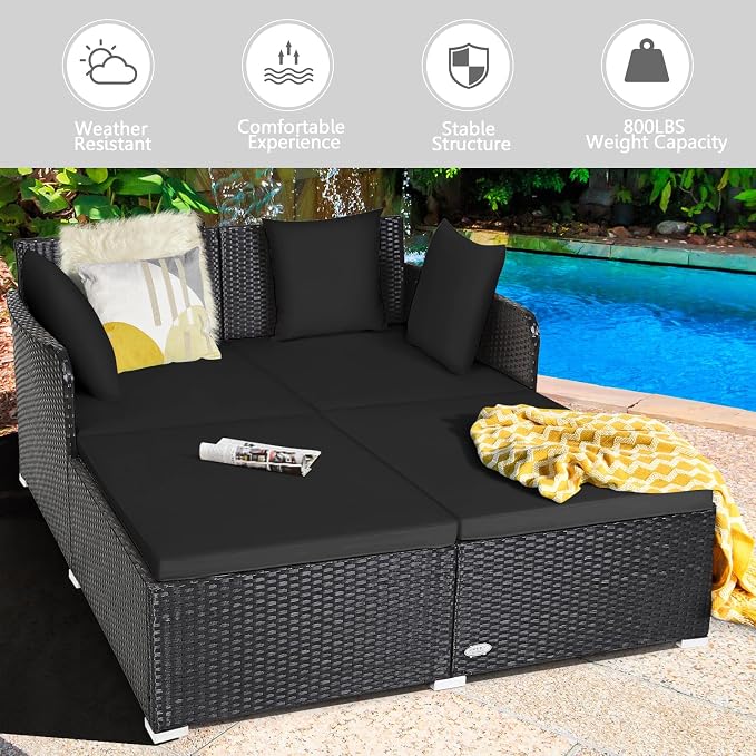 HAPPYGRILL Patio Rattan Daybed Outdoor Loveseat Sofa Set - Image 6