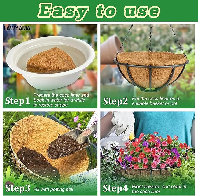 Y&M Pack of 4 12" Pre-Formed Round Coco Fiber Coco Liner Hanging Basket Liners - Image 3