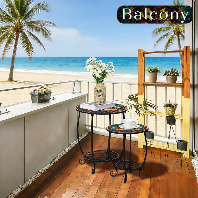 2 Pcs Outdoor Side Table Small Patio Round Mosaic Accent Indoor End Table Plant - Image 5