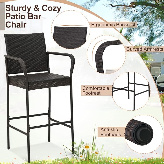 COSTWAY Wicker Bar Stools Set of 2, Patio Bar Height Chairs - Image 5