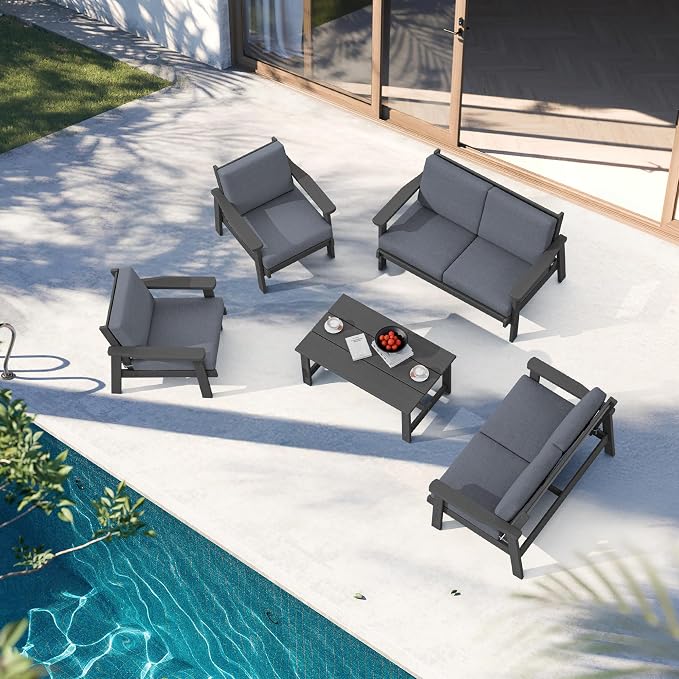 SERWALL HDPE Patio Furniture Set, 5 Piece All Weather Wood-Like Sectional - Image 9