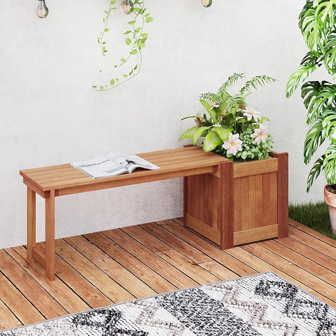 HAPPYGRILL Outdoor Bench with Raised Garden Bed, Wood Planter Box with Spacious - Image 2