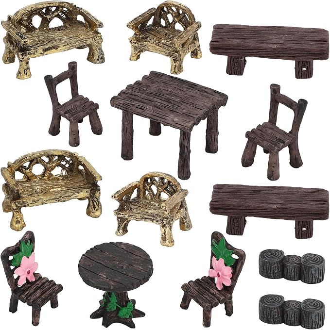 ONEST 14 Pieces Garden Miniature Accessories Mini Table and Chairs Village by OneMiniWorld