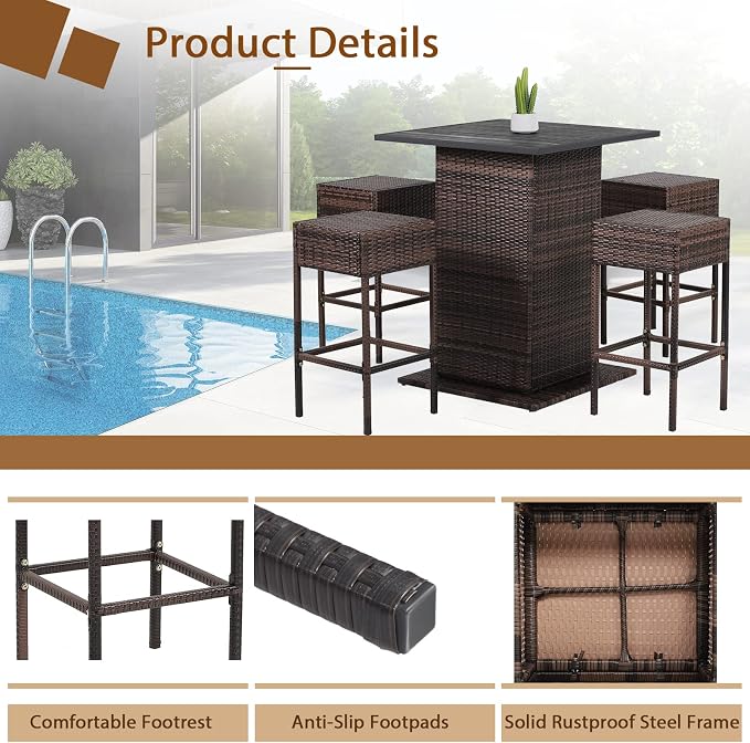 HAPPYGRILL 5 Piece Rattan Bar Set Outdoor Wicker Bar Table and 4 Bar Stools - Image 7