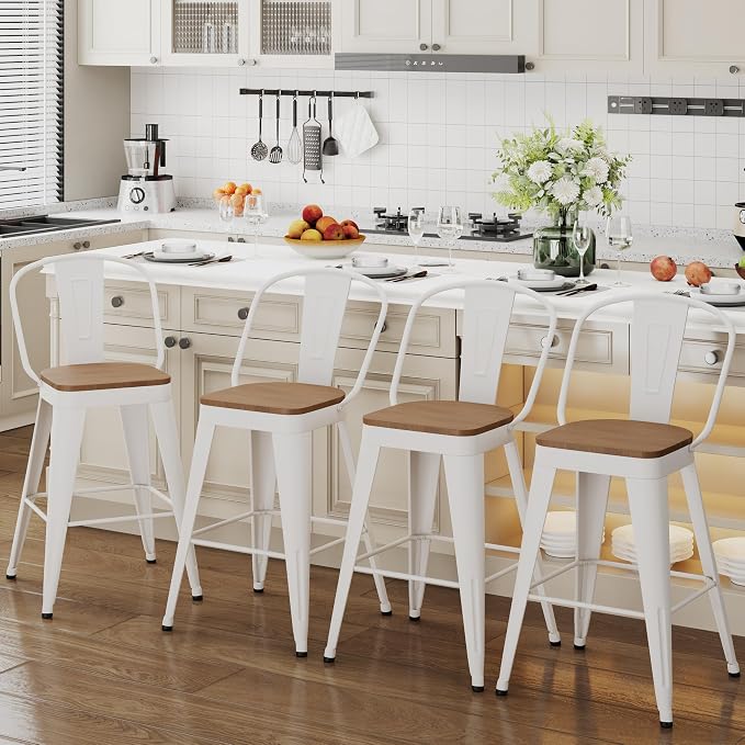 ALISH 26 Inch Industrial Bar Stools Set of 4, High Back Metal Barstools by ALISH