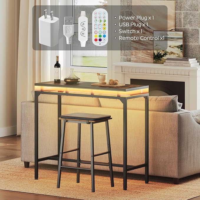 Bar Table with LED Lights, Counter Height Table, Bar Height Pub Table, Metal - Image 6