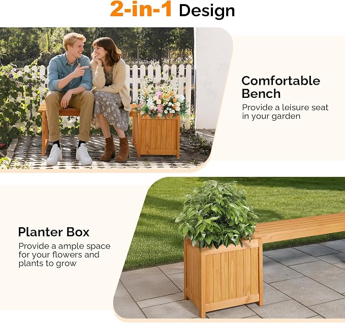 VINGLI Outdoor Wood Bench with Planter Boxes, 2-in-1 All-Weather Porch Bench - Image 7