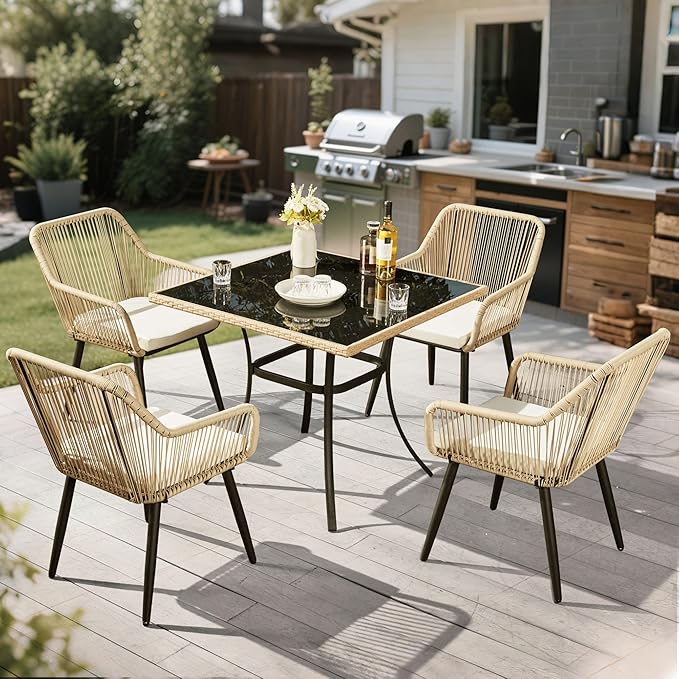 ECOTOUGE 5 Piece Patio Dining Set, Wicker Outdoor Furniture Set w/Glass Table by ECOTOUGE