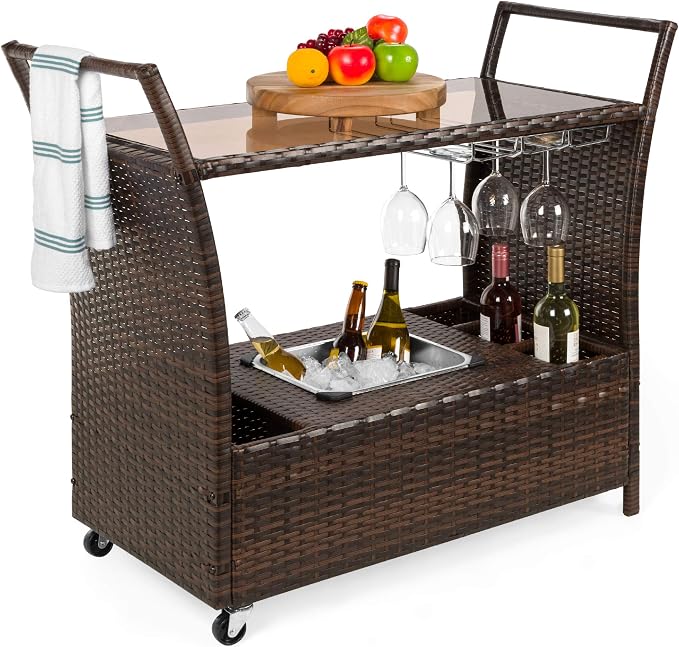 Best Choice Products Outdoor Rolling Wicker Bar Cart w/Removable Ice Bucket by BestChoiceProducts