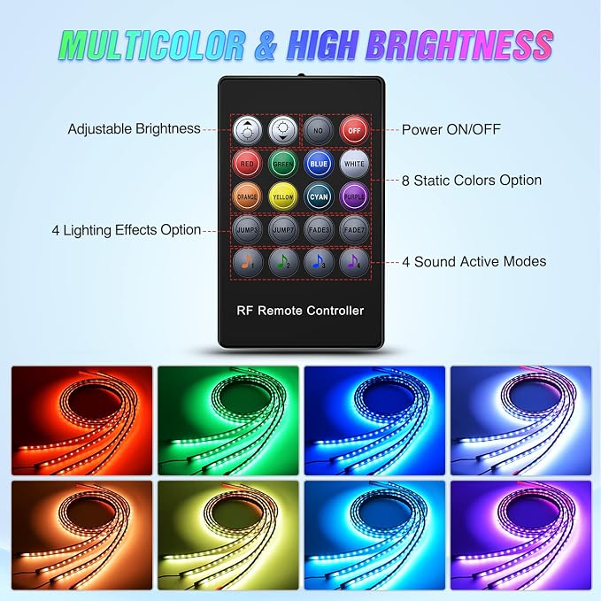 Nilight 4Pcs Car Underglow Neon Accent Strip Lights 252 LEDs RGB 8 Color Sound - Image 3