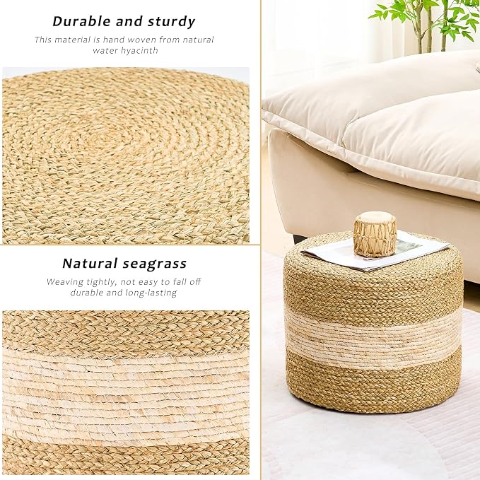 Handwoven Seagrass Ottoman Pouf, Round Outdoor Footstool - Image 6