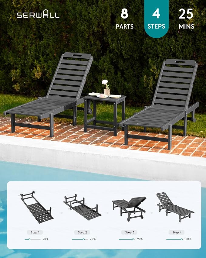 SERWALL Outdoor Chaise Lounge Set of 8, HDPE Pool Lounge Chairs - Image 9