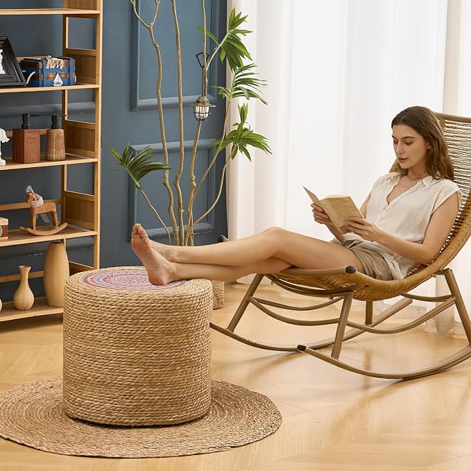 Wimarsbon Round Pouf Ottomans, Handwoven Natural Water Hyacinth Seagrass Pouffe - Image 2