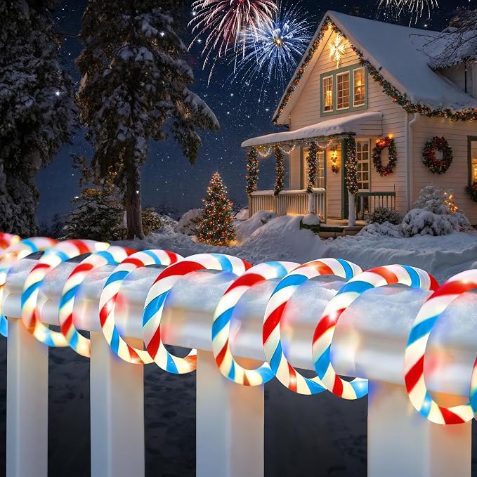 Jnaurb Christmas Candy Cane Lights, 33ft 240 LED Connectable White & Red & Blue by Jnaurb
