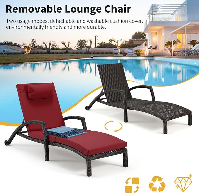 HOMREST Chaise Lounge Chairs Set of 2, PE Rattan Wicker Patio Lounge Chair - Image 8