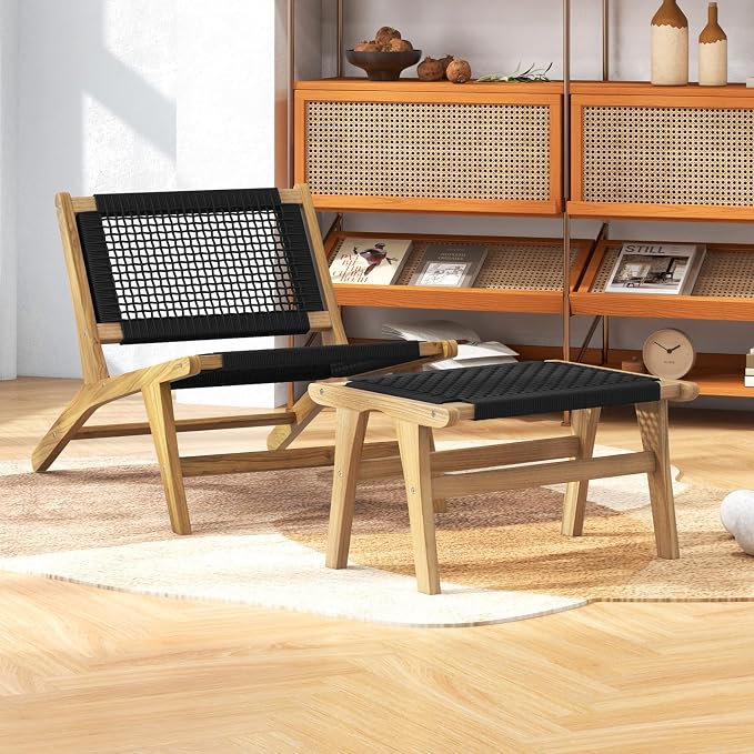Tangkula Teak Ottoman Footstool, Natural Teak Wood Foot Rest - Image 9