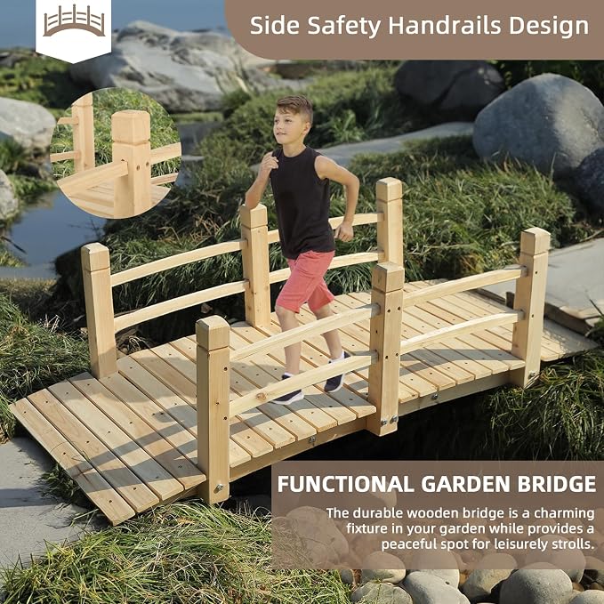 Wood Garden Bridge Classic Wooden Arch Stained Finish Footbridge - Image 2