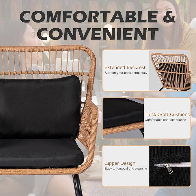 3 Piece Outdoor Wicker Furniture Bistro Set, Rattan Chairs Conversation Sets - Image 3