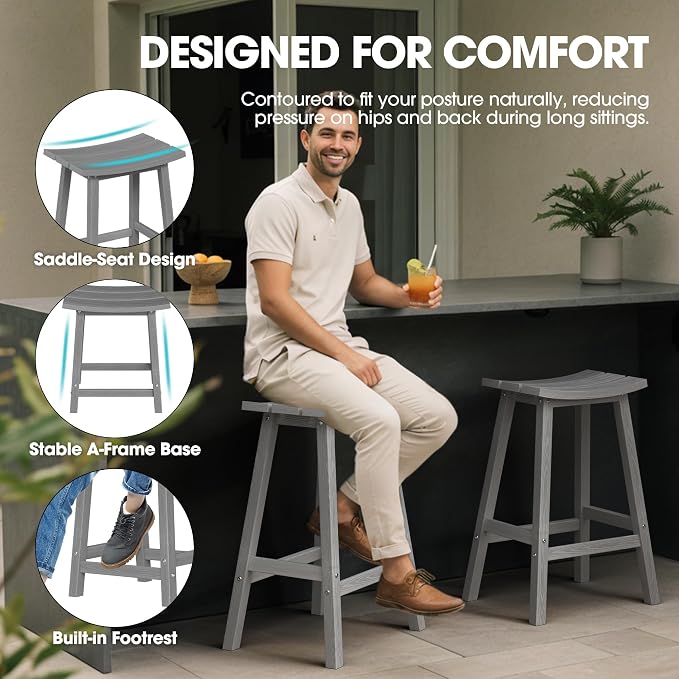 Ciokea 2 Set 29" Outdoor Bar Stools Heavy Duty HDPE Outdoor Stools Weatherproof - Image 3
