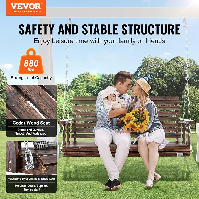VEVOR Outdoor Wooden Porch Swing, 880lbs 4.5FT Heavy Duty Haning Porch Swings - Image 2
