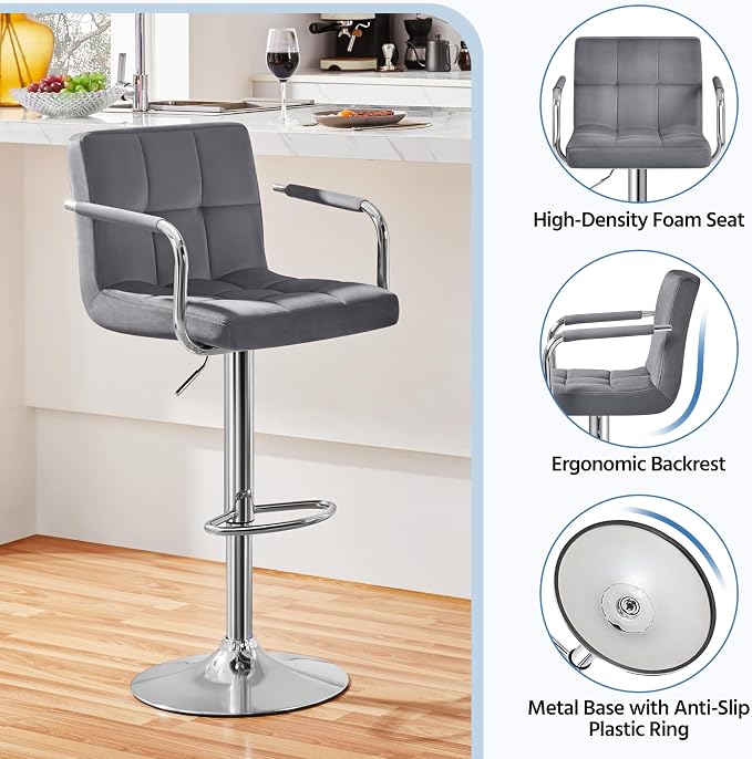 Yaheetech Counter Height Bar Stools Set of 2 Velvet Swivel BarStools - Image 7