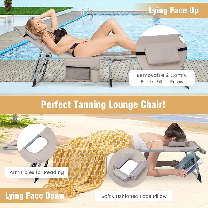 GYMAX Tanning Chair, 330LBS Beach Lounge - Image 4