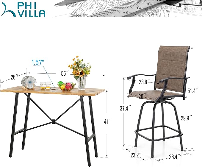 PHI VILLA 5 Piece Outdoor Bar Set, High Top Patio Dining Table and Chairs - Image 8