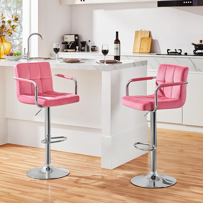 Yaheetech Bar Stools Set of 2, Adjustable Velvet Fabric Swivel Barstools by Yaheetech