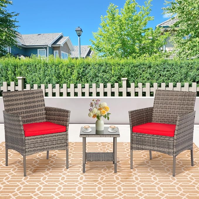FDW 3 Piece Outdoor Furniture Set Patio Gray Wicker Chairs Furniture Bistro - Image 2