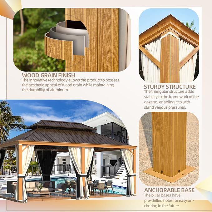 YOLENY 12' x 18' Hardtop Gazebo, Wood Grain Aluminum Frame Outdoor Gazebo - Image 6