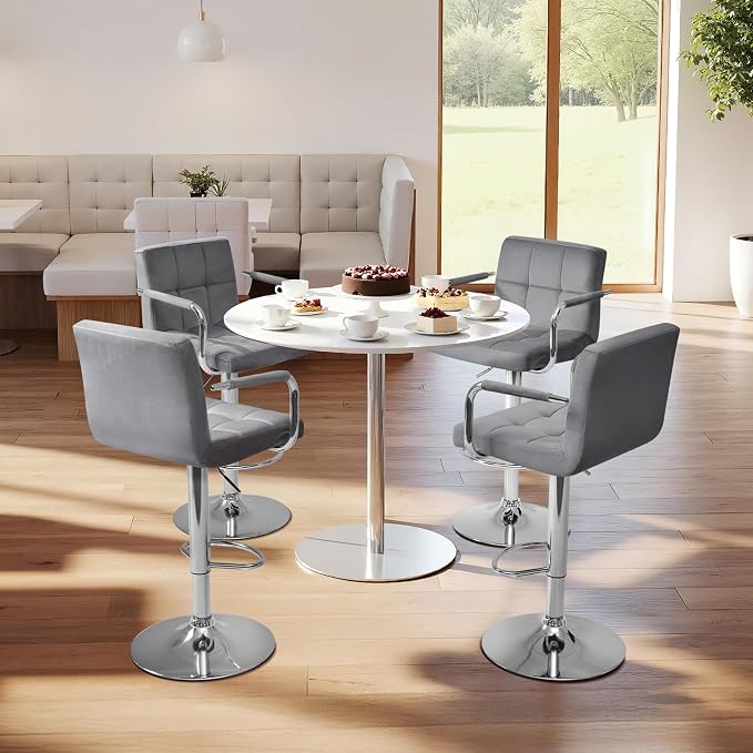 Yaheetech Velvet Bar Stools Set of 4, Adjustable Barstools - Image 5