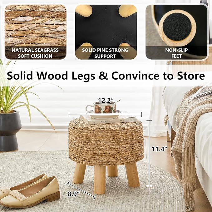 Round Ottoman Natural Seagrass Footstool, Round Footstool - Image 6