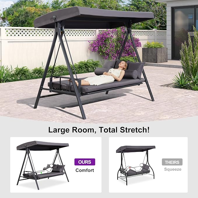 PURPLE LEAF Outdoor Patio Porch Swing Adjustable Backrest, 3-seat Swing Chair - Image 2