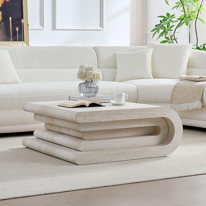 Square Coffee Table 33.86" Faux Marble Pattern Wood Center Table - Image 5