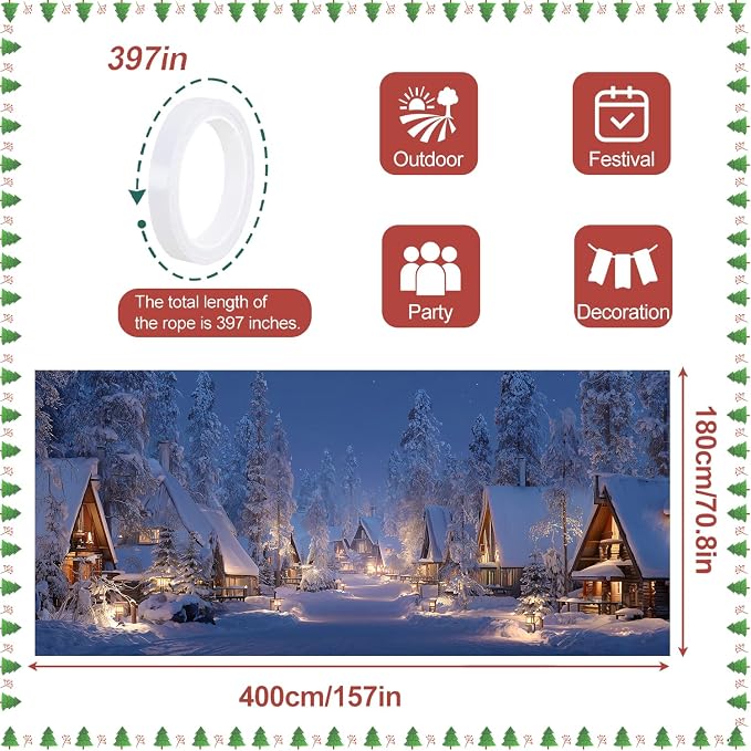 Snowy Winter Village Garage Door Decorations 6x13FT, Cozy Christmas Cabin - Image 4