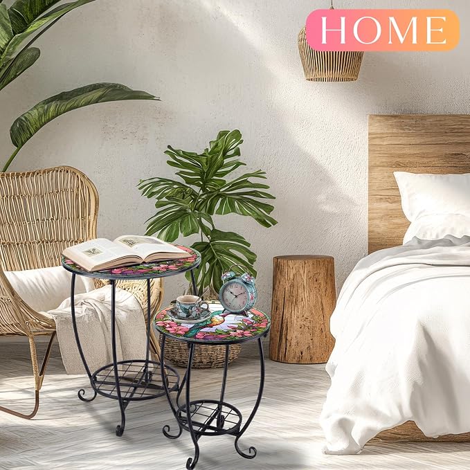 2 Pcs Outdoor Side Table Small Patio Round Mosaic Accent Indoor End Table Plant - Image 4