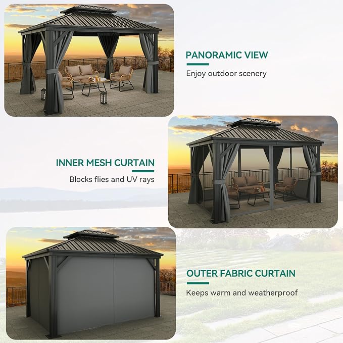 YITAHOME 10X12FT Gazebo Hard Top Patios Aluminum Frame Double Roof Canopy - Image 4