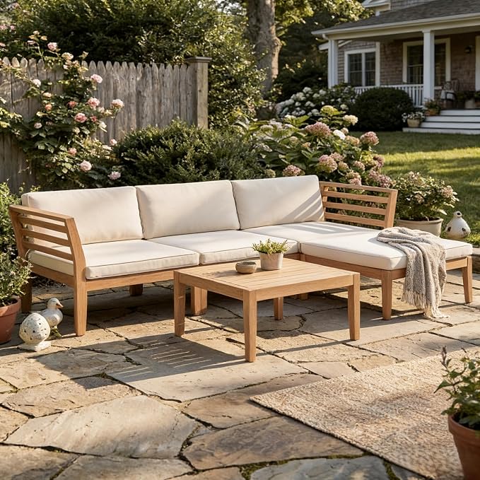 5-Piece Acacia Wood Patio Sectional Set, L-Shaped Outdoor Sofa Garden Couch - Image 8