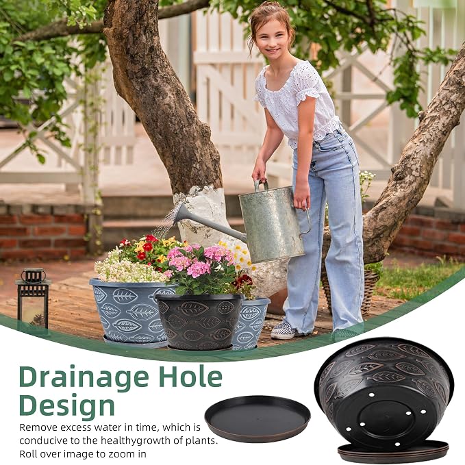 3 Pack Flower Pots Outdoor 11 Inch Plant Pots Indoor, - Image 2