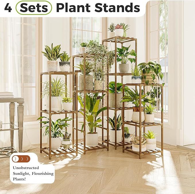 Bamworld 4 Sets Tall Plant Stands Indoor Outdoor Combo Plant Shelves Wooden - Image 3