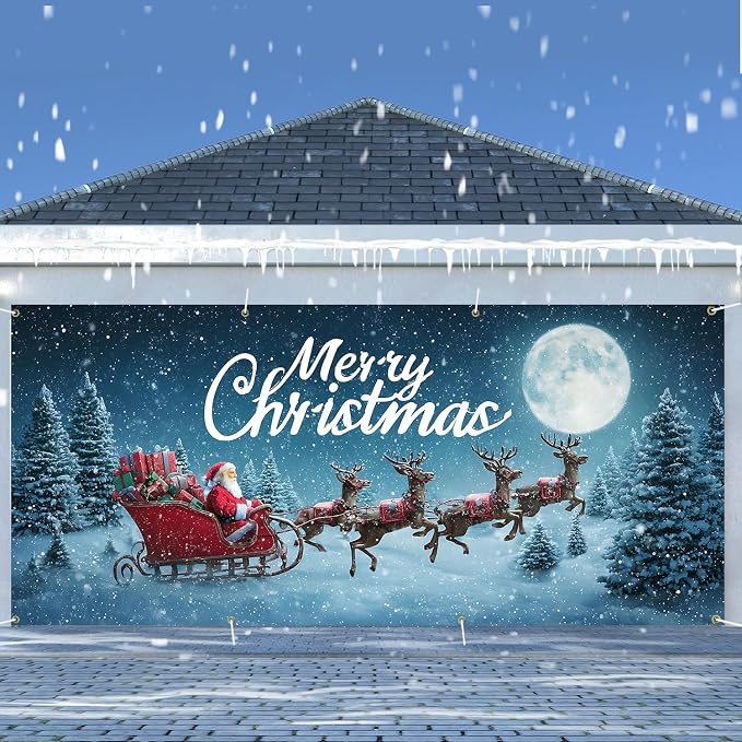 Merry Christmas Red Sleigh Garage Door Banner 6x13FT, Santa - Image 2