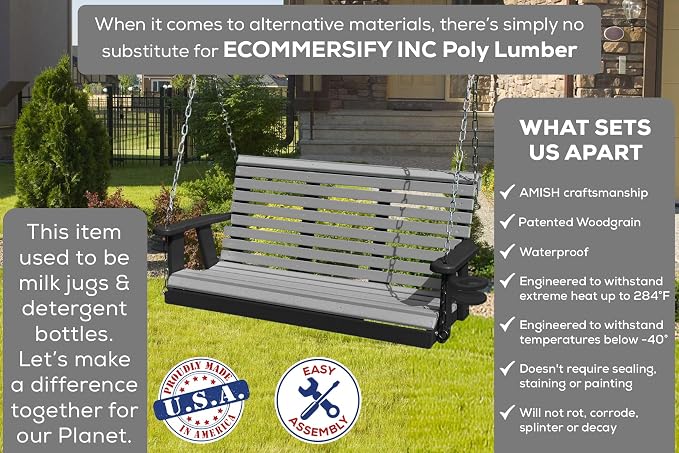 Poly Lumber Wood 4FT Porch Swing Amish Craftsmandship Made in USA HDPE - Image 3