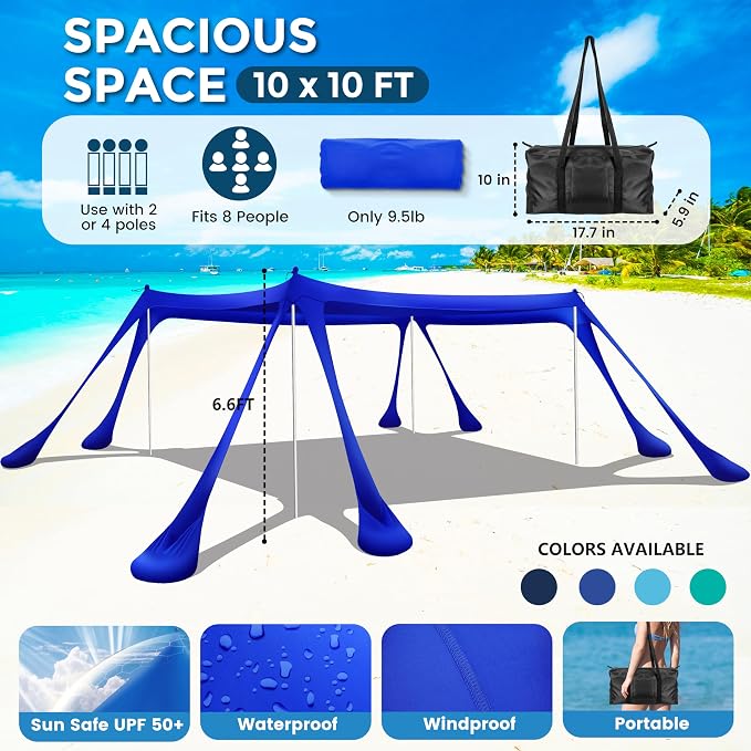 Beach Canopy Beach Tent Pop Up Shade 10x10ft Sun Shelter UPF50+ - Image 2