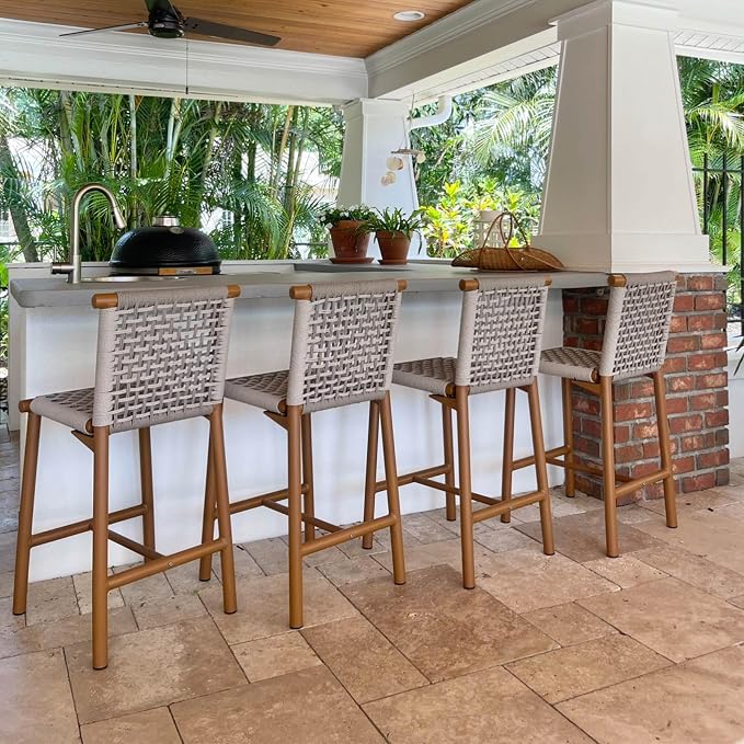 PURPLE LEAF Outdoor Counter Height Stools Set of 4 Aluminum Wicker Bar Stool by PURPLELEAF