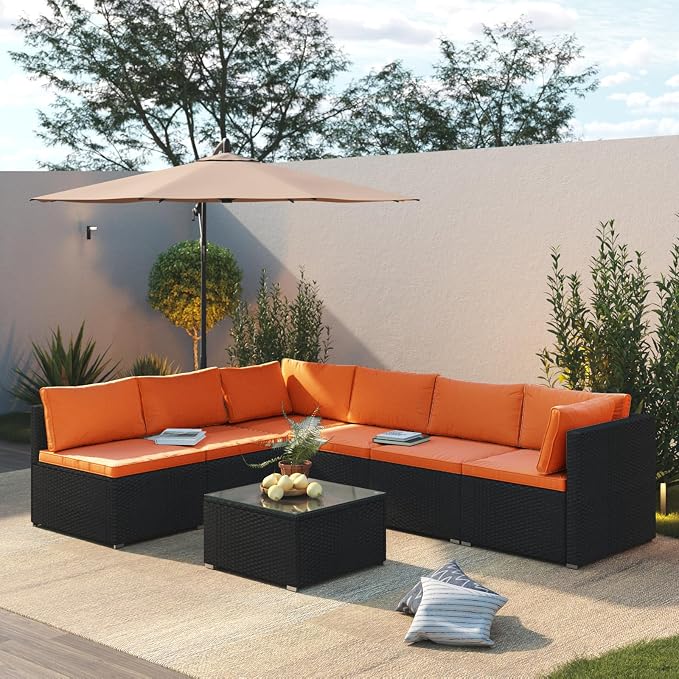 7 Piece Outdoor Patio Furniture Sets, Outdoor Wicker Conversatin Set w Glass - Image 2