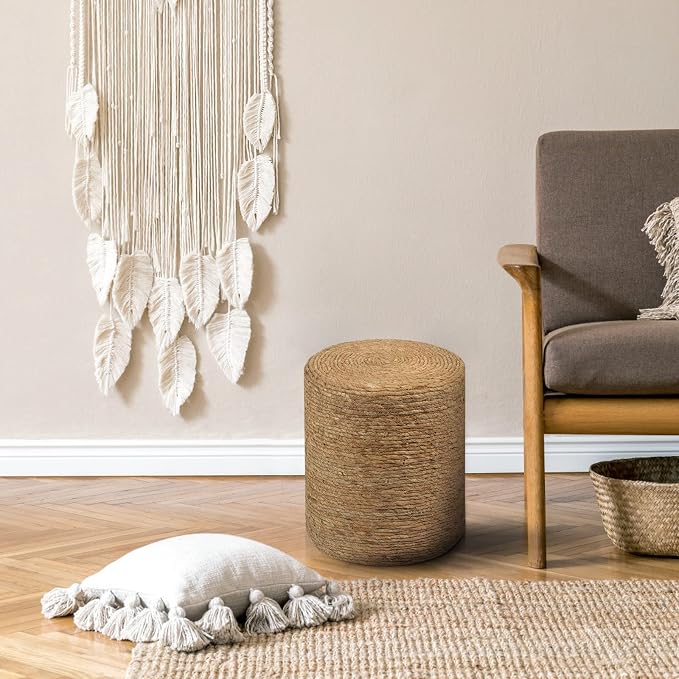 Wimarsbon Round Pouf Ottomans, Handwoven Natural Water Hyacinth Seagrass Pouffe - Image 5