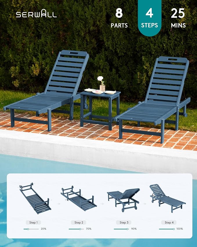 SERWALL Outdoor Chaise Lounge Set of 8, HDPE Pool Lounge Chairs - Image 7